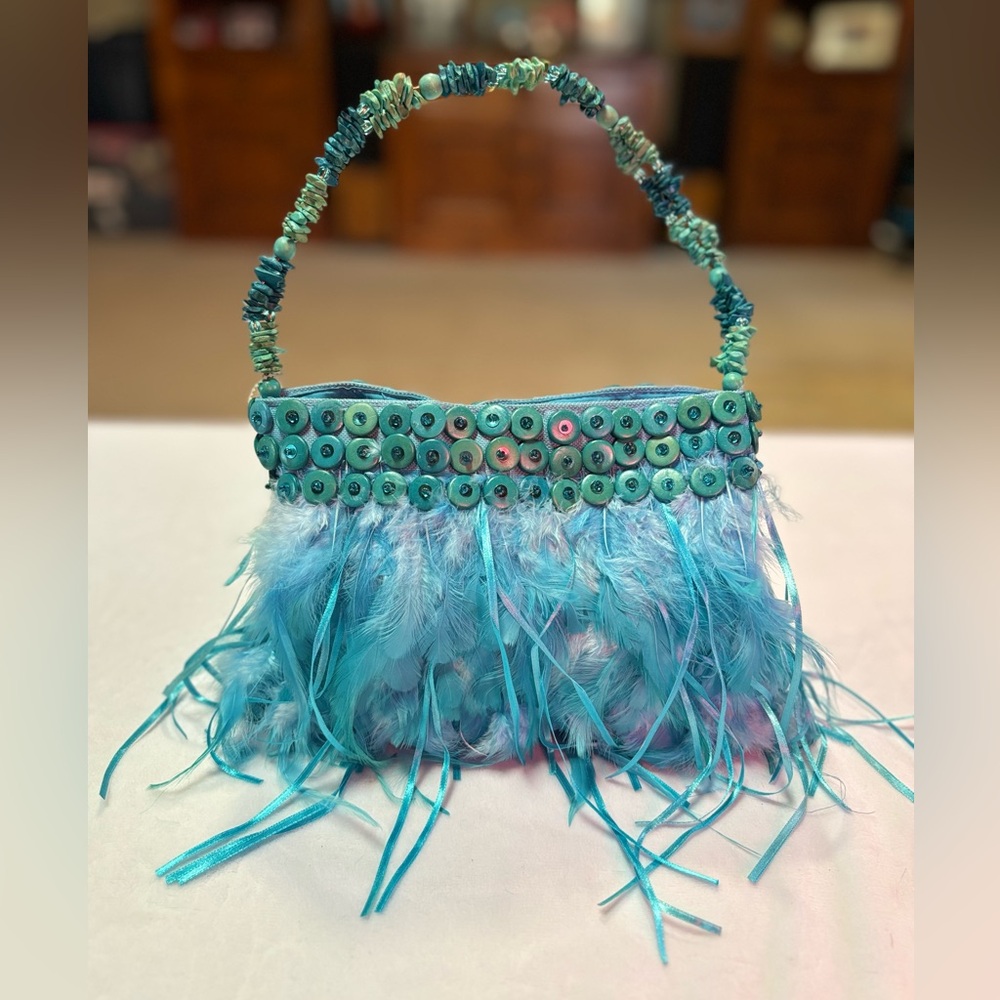 Coachella Y2K Blue Feather Beaded Handbag